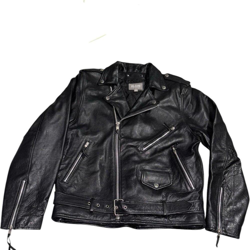 Vintage Wilsons Leather Motorcycle Jacket Biker Black Belted zip y2k grunge punk
